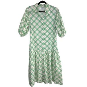 SWF Green Plaid Cotton‎ Puff Sleeve Tiered Midi Dress M Cottagecore Preppy Retro